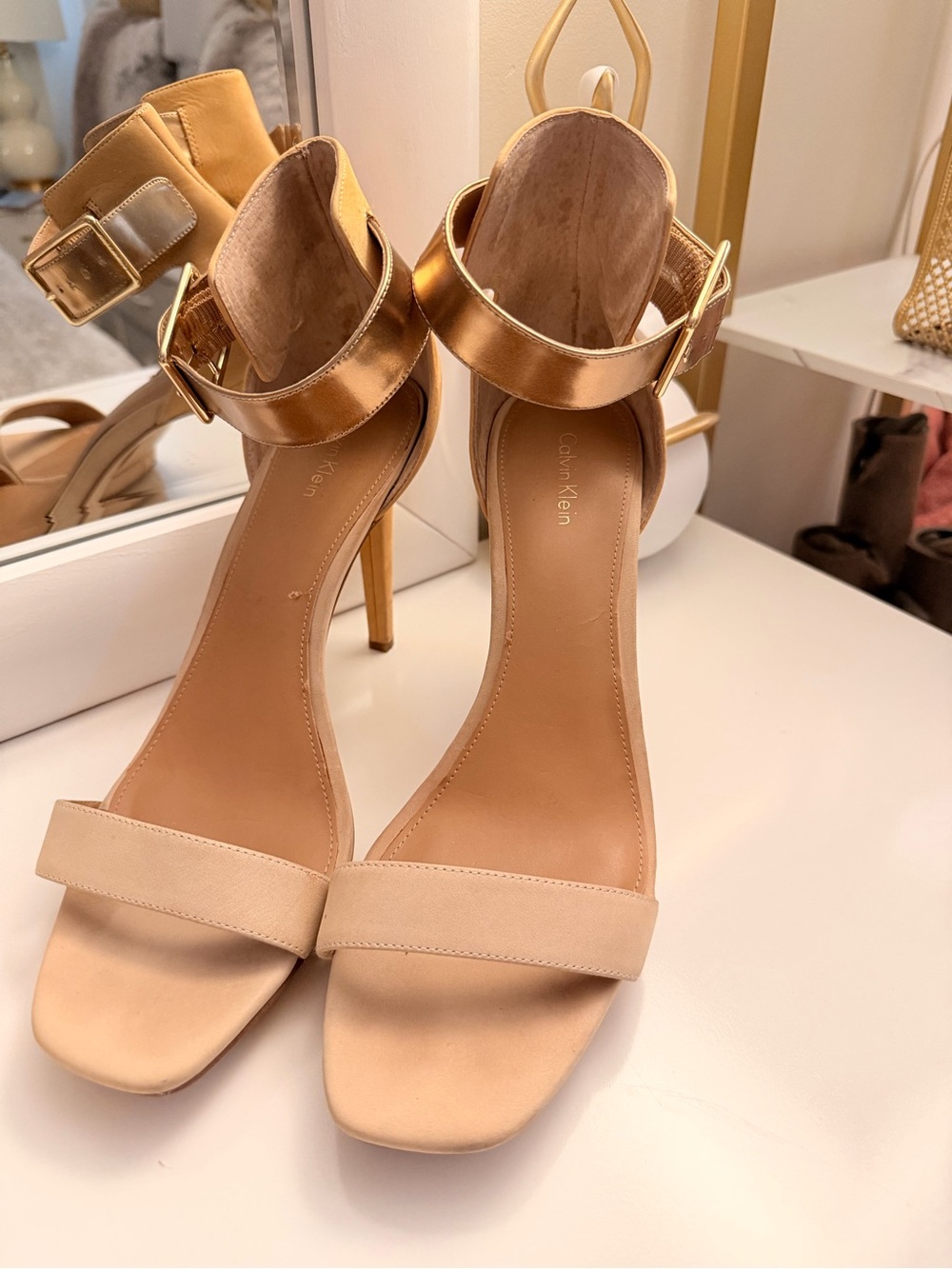 Calvin Klein Nude and Gold Ankle-Strap Stiletto Sandals